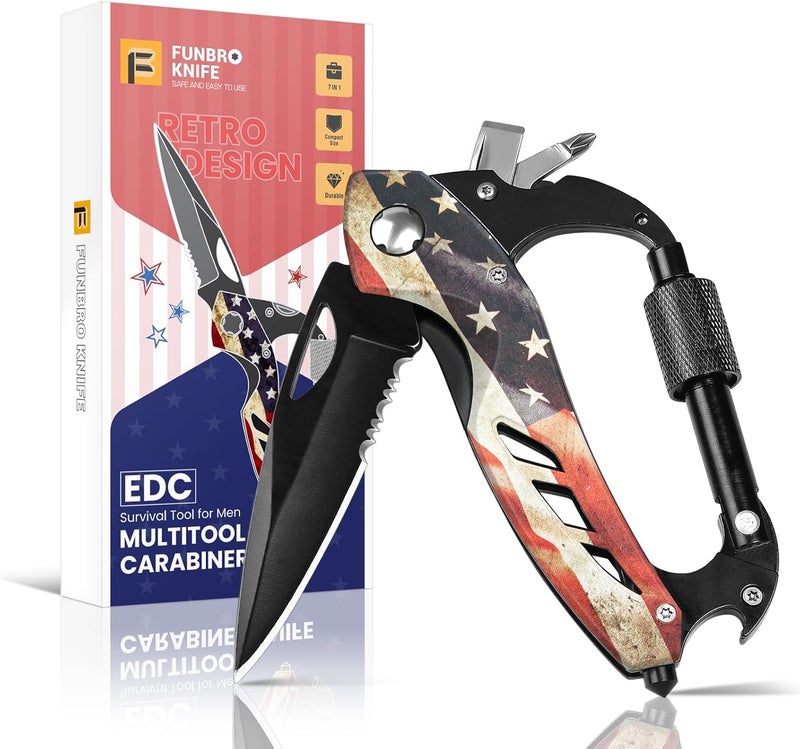 FUNBRO Multitool Carabiner Knife Tools for Men, Cool Gadgets Survival Gear with Folding Knives, Bottle Opener, Window Breaker and Screwdriver for Hiking Camping, 7-in-1 EDC Multi Tool (USA Flag) - Image 1